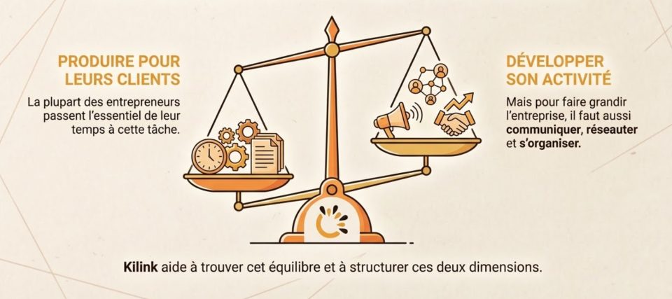 Balance symbolisant l'equilibre entre production et developpement d'activite pour entrepreneurs