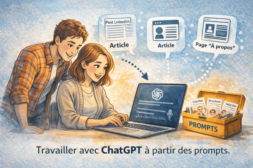 Deux personnes travaillant ensemble sur un ordinateur avec des bulles de texte representant des formats de contenu generes par l'IA.