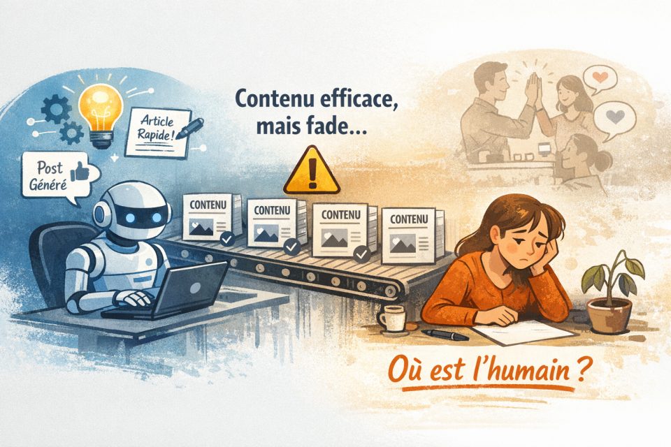 Illustration comparant la production de contenu par l'IA et par l'humain, avec un robot et une femme ecrivant.