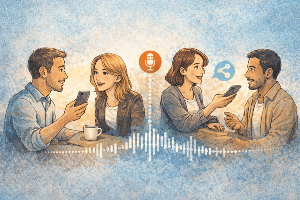 Deux scenes de conversation avec des smartphones, symbolisant l'utilisation de l'IA pour generer du contenu.