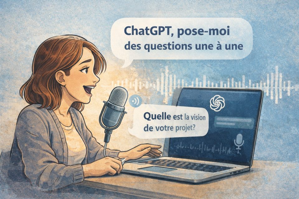 Femme parlant dans un microphone tout en utilisant un ordinateur portable avec IA.