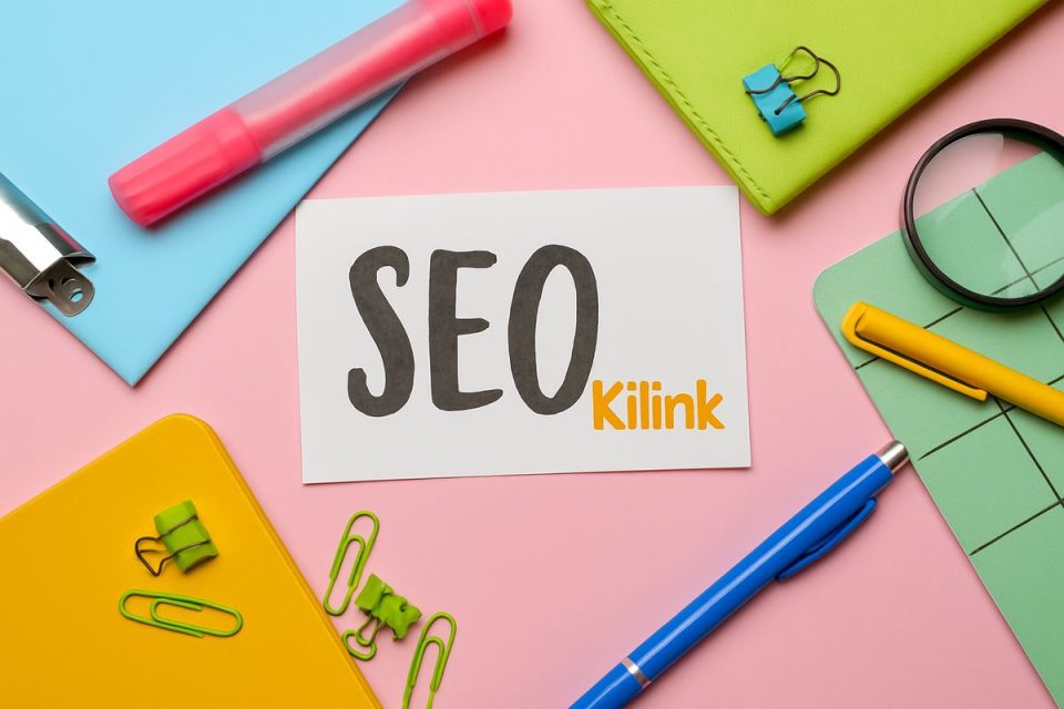 Ensemble d'outils de bureau sur fond rose avec carte 'SEO Kilink' et objets colorés