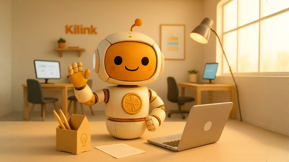 Robot blanc et orange assis à un bureau avec un ordinateur portable et un pot à crayons.